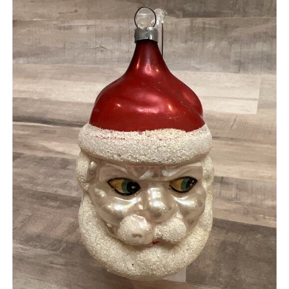 Antique Blown Glass Large SANTA HEAD Blue Eyes Mercury Christmas Ornament German - Picture 1 of 10